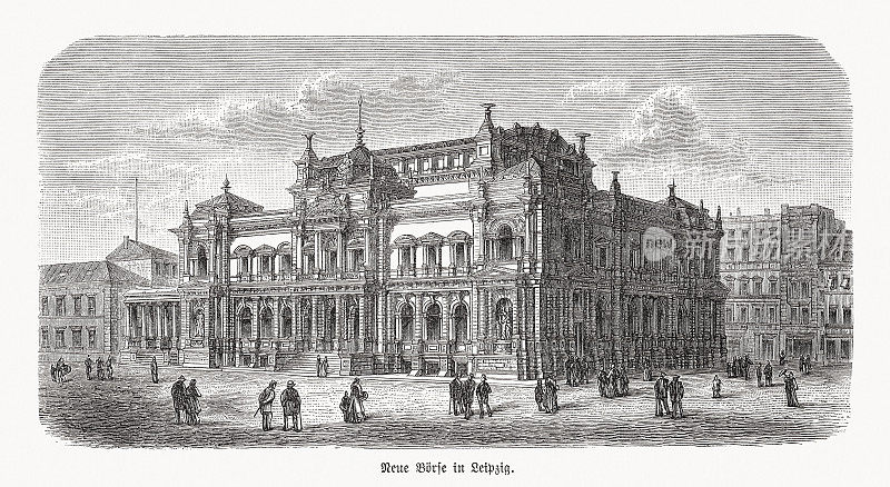 莱比锡证券交易所的历史观点，木版画，出版于1893年