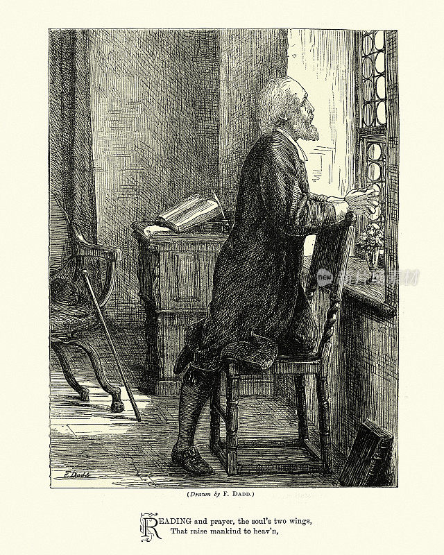 一个老人在窗边祈祷，阅读和祈祷，维多利亚