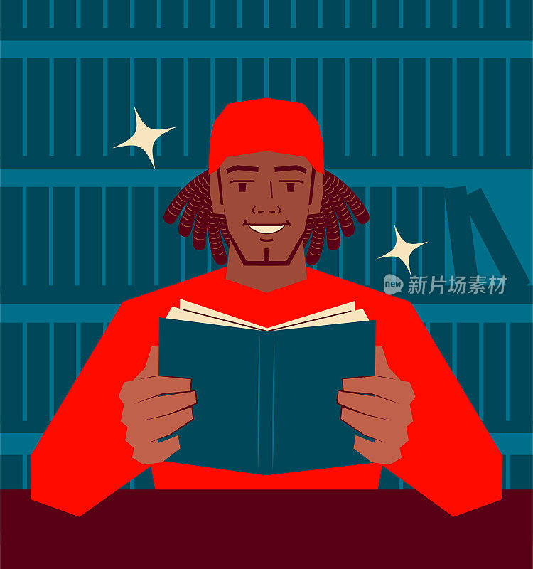 英俊年轻的非洲裔男子正在图书馆看书;永远不要停止学习;投资自己;知识就是力量