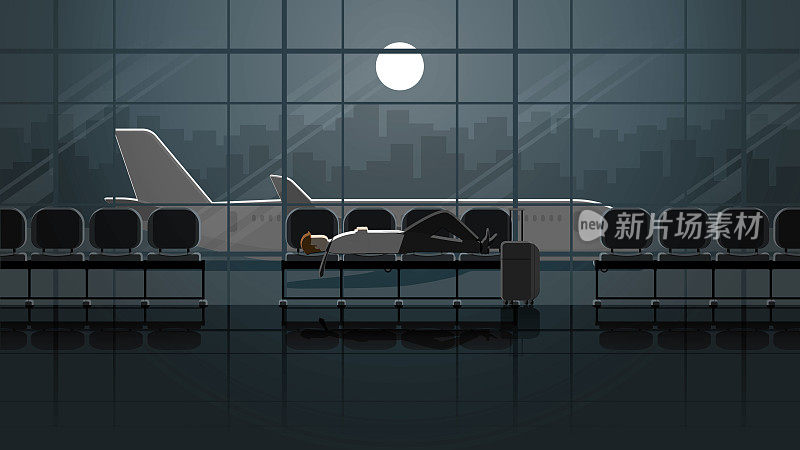 疲惫不堪的上班族晚上躺在国际机场航站楼的座位上睡觉。独自在满月的黑暗中。疲惫不堪的人们在城市辛勤工作的生活方式和过度劳累的出差场景。