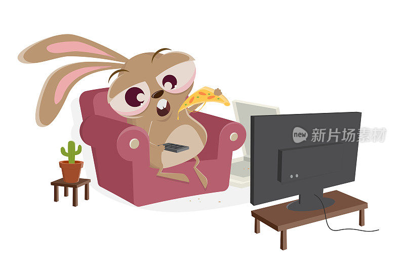 有趣的卡通兔子在看电视和吃比萨饼