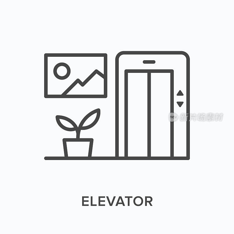 电梯平线图标。植物，图片和门的矢量轮廓说明。黑色细象形文字为大堂