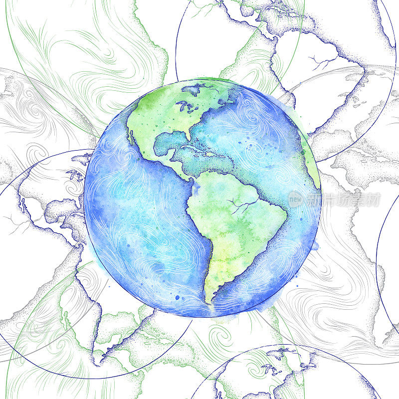 地球背景，无缝模式，水彩和墨水插图-地球日-矢量EPS10插图