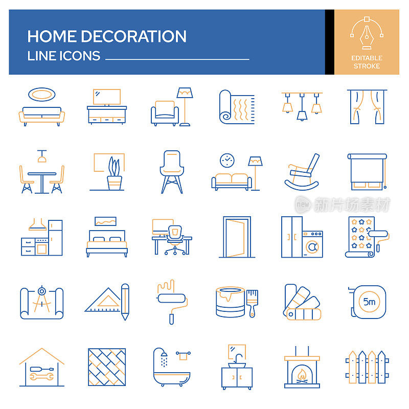 一套家居装饰和室内设计相关的线图标。轮廓符号集合，可编辑的描边