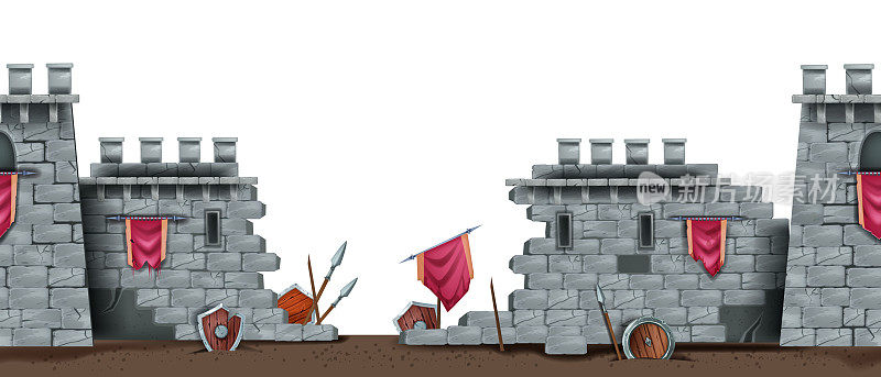 石头城堡墙，古代废墟无缝背景，矢量中世纪战场插图，盾牌。