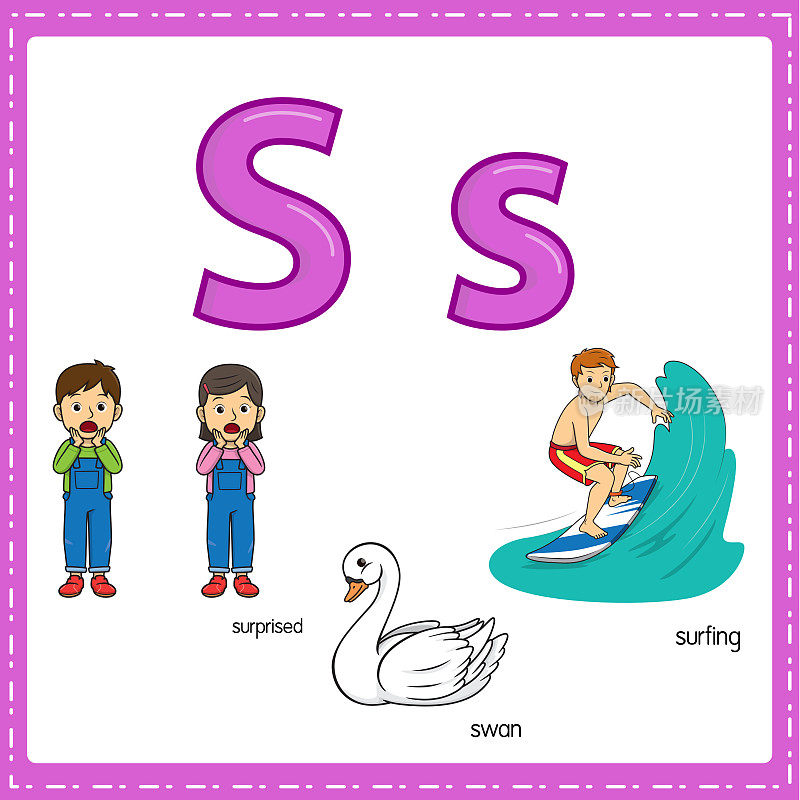 向量插图学习字母S的小写和大写的儿童与3卡通图像。惊讶的天鹅冲浪。