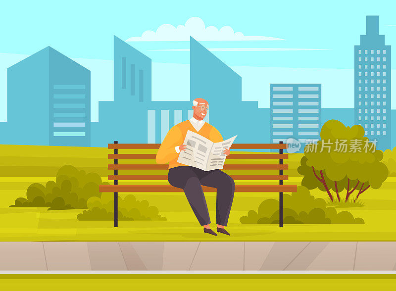 戴眼镜的老人坐在公园的长椅上看报纸，享受着城市花园的美好时光