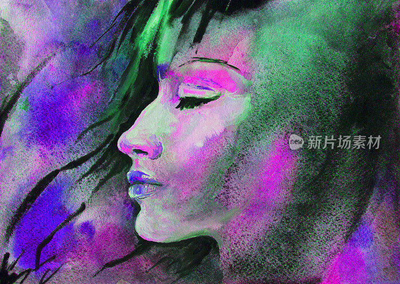 插图水彩画一个年轻女子的侧面与长发在风中紫色背景