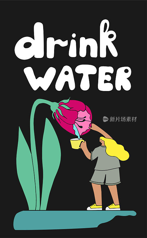 海报上的年轻女子从蓝色杯子里的一朵花上收集露水，在黑色背景上有手写的文字“喝水”。手绘插图。