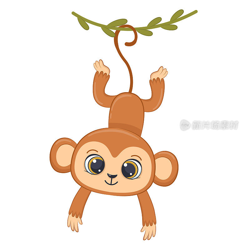 可爱的小猴子挂在藤蔓上。卡通矢量插图。