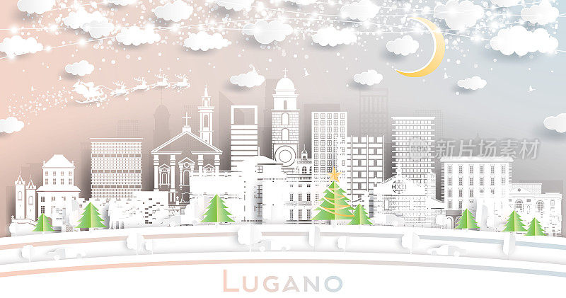 瑞士卢加诺城市天际线剪纸风格与雪花，月亮和霓虹灯花环。