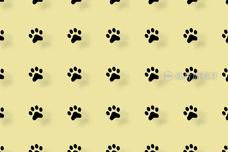 猫爪在黄色背景上的彩色图案与阴影。无缝猫爪图案。狗、猫的脚印背景