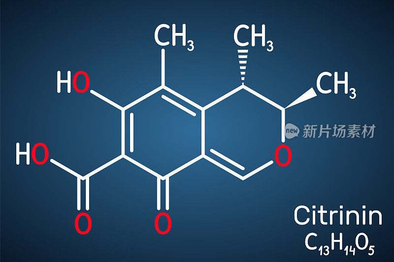 橘霉素的分子。它是由柠檬青霉菌产生的抗生素和霉菌毒素。结构化学公式在深蓝色的背景