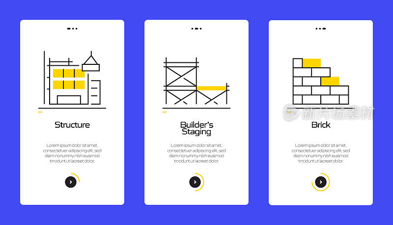 建筑行业概念入职移动应用程序页面屏幕与平面图标。UI设计模板矢量插图