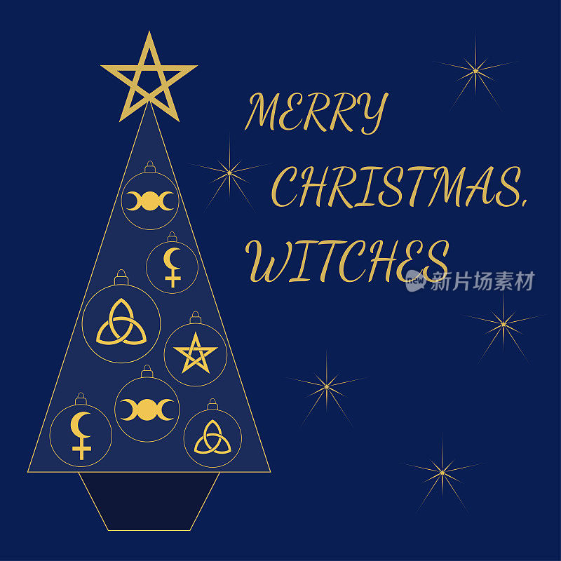 圣诞快乐，巫婆的祝福卡与圣诞树。节日卡片与异教徒符号在深蓝色的背景。三角星，五角星，三个月亮成球状。矢量图