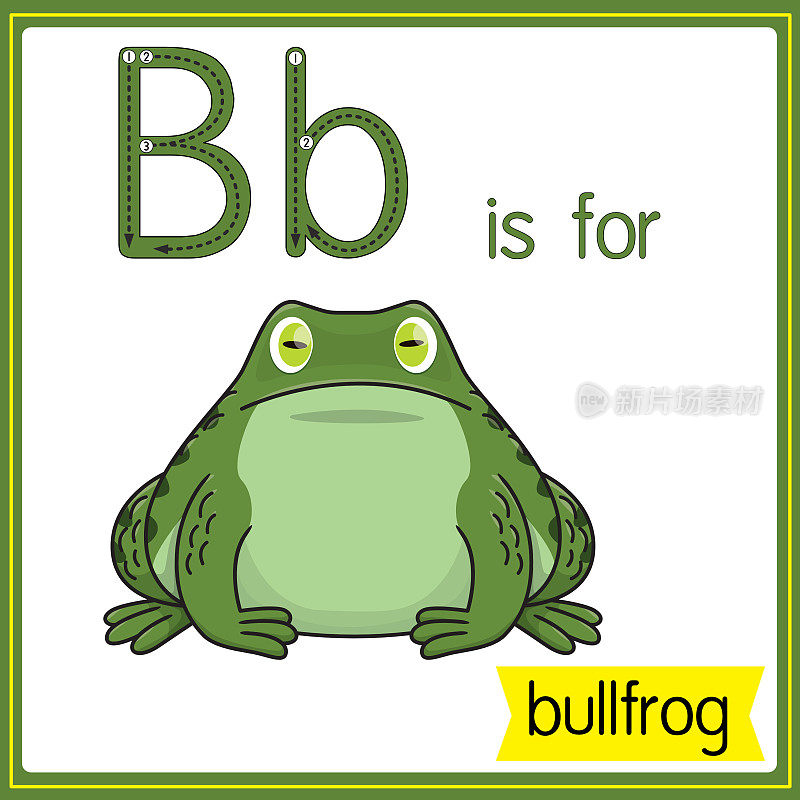 矢量插图学习字母为儿童与卡通形象。字母B代表牛蛙。