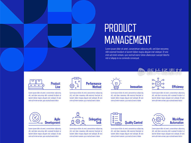 产品管理概念矢量线信息图形设计图标。8个选项或步骤的介绍，横幅，工作流程布局，流程图等。