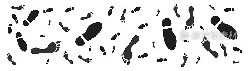 一步脚印路径。脚印和鞋印。鞋底脚印矢量插图孤立在白色背景。