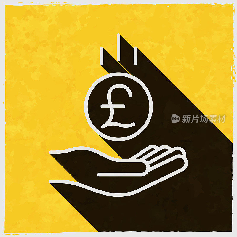 一英镑硬币落在手里。图标与长阴影的纹理黄色背景