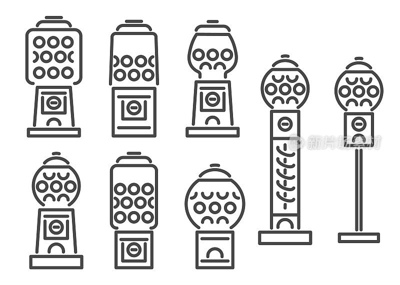 口香糖机线图标设置。老式糖果和泡泡糖自动售货机。糖果槽矢量插图孤立在白色背景