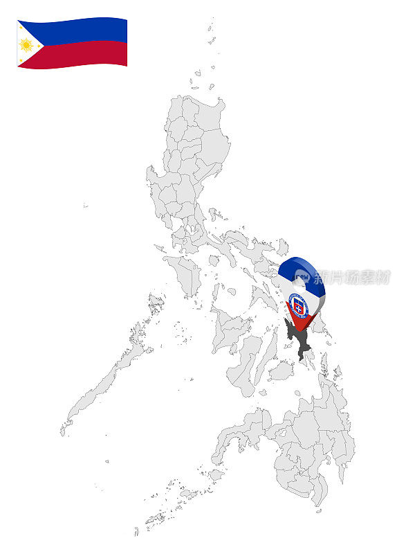 位置菲律宾地图上的莱特省。莱特的3d位置标志。菲律宾各省的优质地图，供您设计。矢量插图。EPS10。