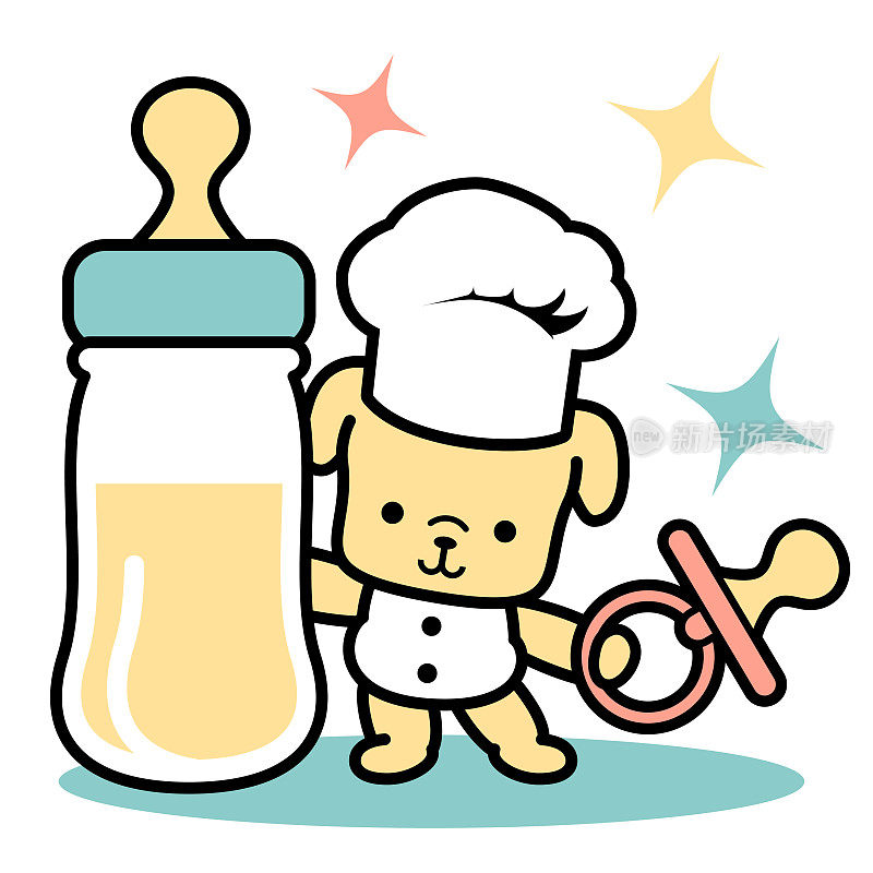一只可爱的狗厨师戴着厨师帽，拿着奶嘴，站在一个大奶瓶旁边