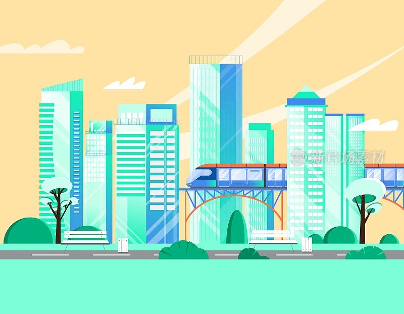 现代化的城市景观，摩天大楼，乘坐火车的桥梁，公园，树木。平面风格的矢量插图。