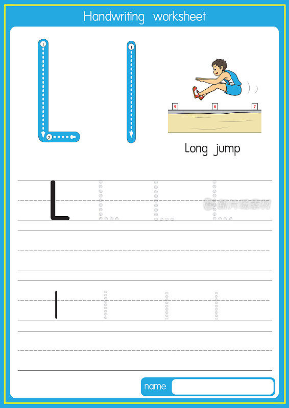 矢量说明跳远与字母L大写字母或大写字母的儿童学习练习ABC