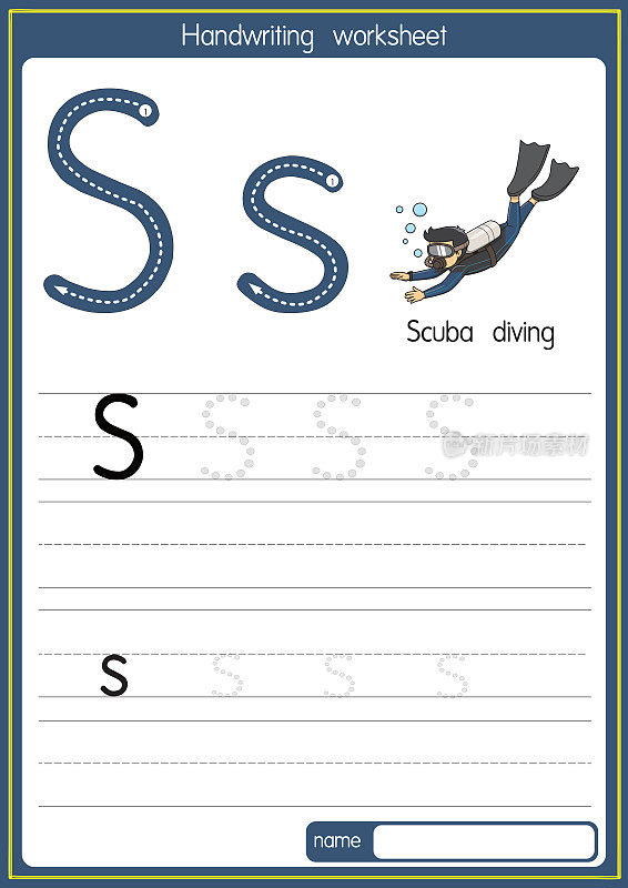 矢量插图水肺潜水与字母S大写字母或大写字母为儿童学习实践ABC