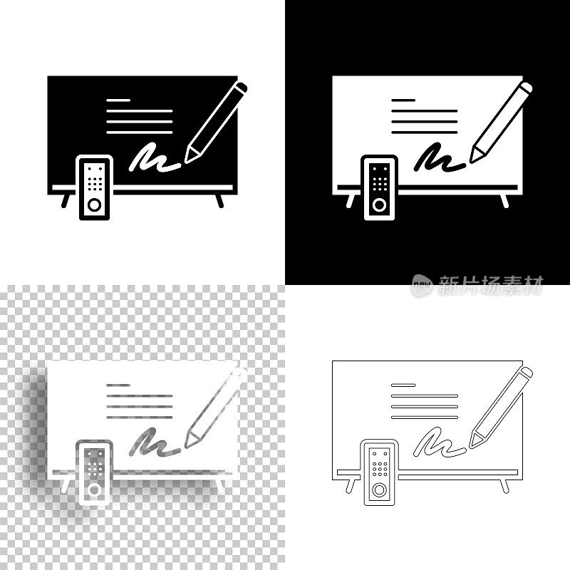 电视上的电子签名。图标设计。空白，白色和黑色背景-线图标