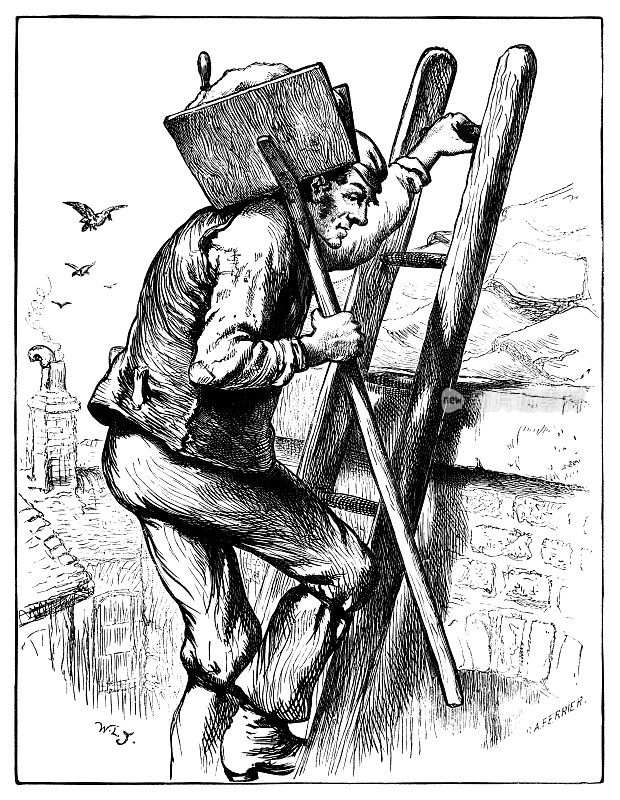 维多利亚时代的工人把建筑工人的提箱抬上屋顶