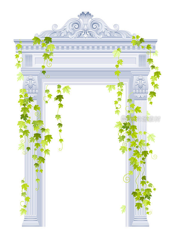 带有常春藤植物的希腊拱柱向量。3d罗马古式建筑框架配石柱、藤蔓。白色大理石门和绿色的常春藤植物。经典的拱柱宫殿建筑插图