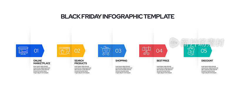 黑色星期五概念矢量线信息图形设计图标。5选项或步骤的介绍，横幅，工作流程布局，流程图等。