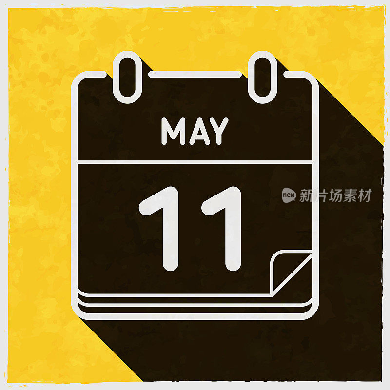 5月11日。图标与长阴影的纹理黄色背景