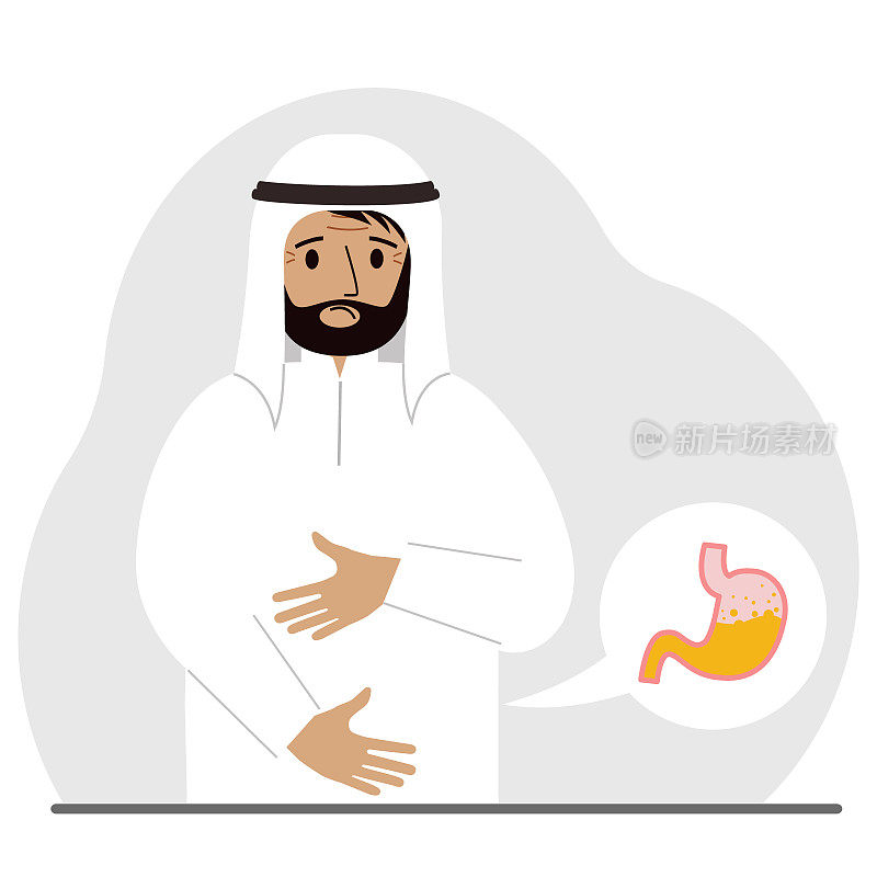 腹部疼痛的概念。阿拉伯人用双手抱住自己的肚子。胃部或消化系统有问题。