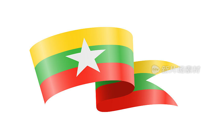 缅甸国旗飘扬。白底飘扬的国旗。