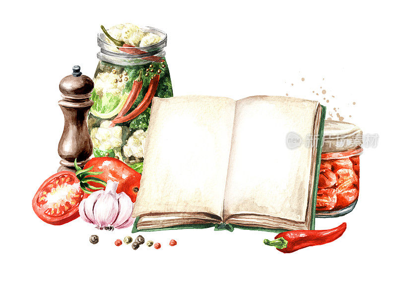 烹饪书籍和自制罐头蔬菜水彩手绘插图，孤立在白色背景