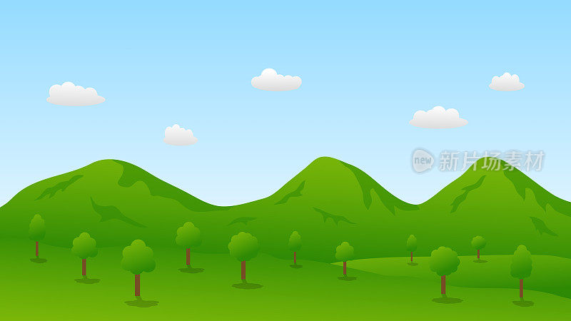 景观动画的场景。绿色的树木在山上与蓝色的河流和白色蓬松的云在夏天的蓝天背景