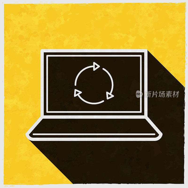 刷新或重新加载笔记本电脑。图标与长阴影的纹理黄色背景