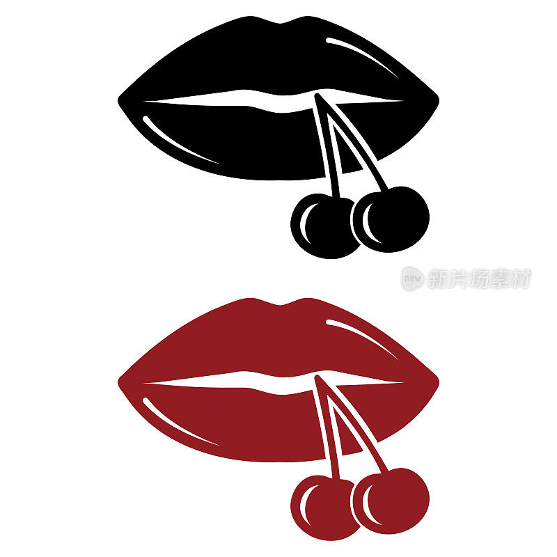 女人的嘴唇带着樱桃。模板图标,涂鸦。性感女人的嘴唇矢量插图。微笑,吻