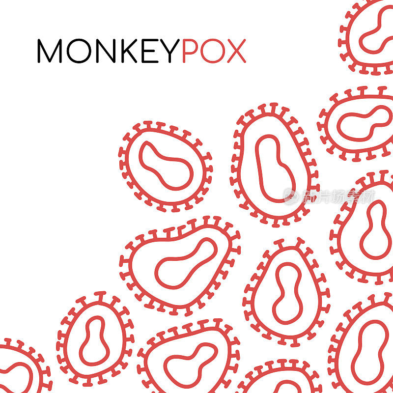 猴痘病毒横幅。猴痘爆发大流行设计用显微镜细胞观察背景。线性抽象矢量插图。