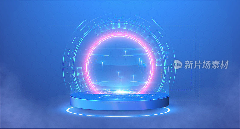 高科技的蓝色未来感圈3D阶段与烟雾。HUD全息投影，讲台。空白全息图显示您的产品。圆技术门户。矢量图