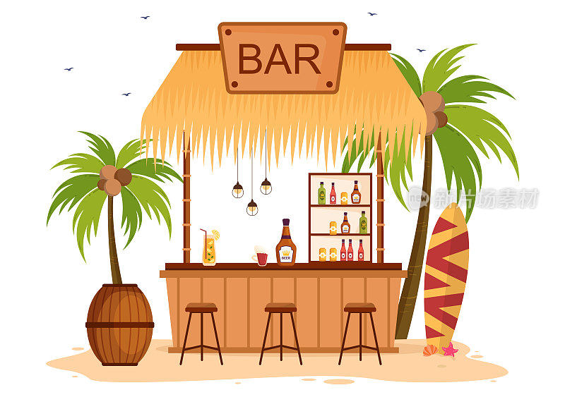 热带酒吧或酒吧在海滩与酒精饮料瓶子，调酒师，桌子，室内和椅子海滨在平面卡通插图