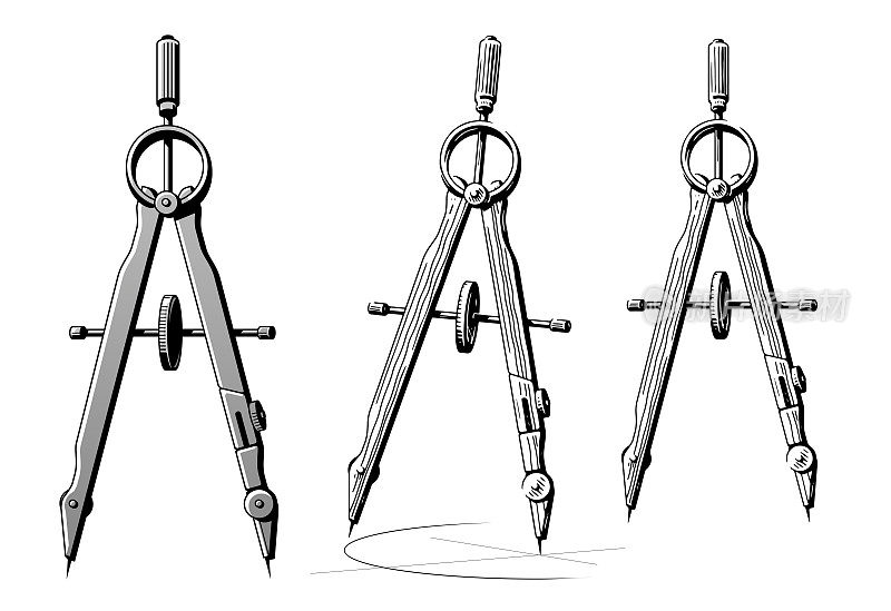 绘制圆规设计图。精密工程分割器复古素描矢量插图
