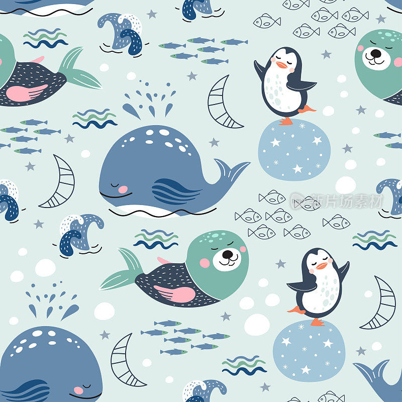 无缝图案可爱的卡通鲸鱼，海豹，鱼，企鹅。冬天的背景。