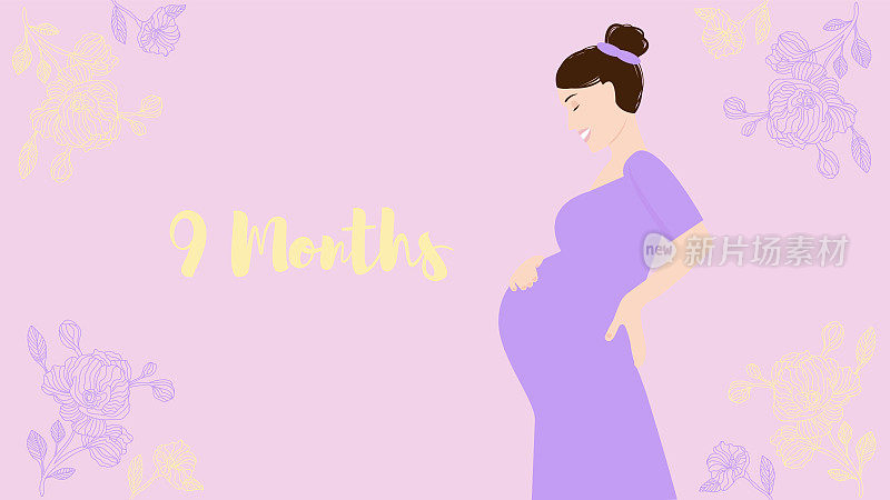 怀孕9个月。年轻幸福的女人等待她的孩子出生的肖像，矢量插图。即将成为母亲的孕妇