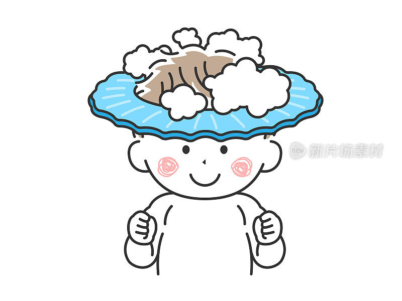 一个戴着洗发帽的孩子正在洗头的插图。