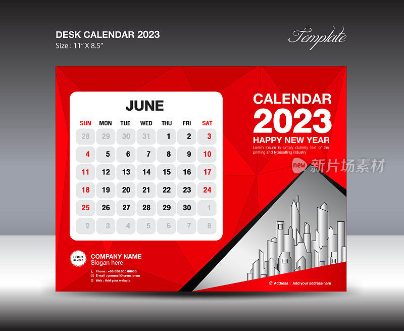 2023年6月模板-台历2023年模板，2023年挂历2023年，周开始周日，记事本设计，文具设计，传单设计，印刷媒体，红色多边形背景矢量
