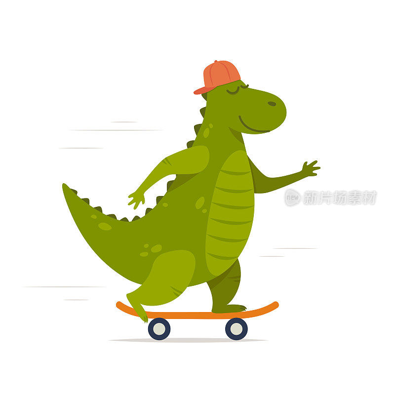 可爱的恐龙骑在滑板上。霸王龙滑板爱好者。孩子们用恐龙打印。矢量插图印刷，衣服，贺卡，儿童房间装饰。
