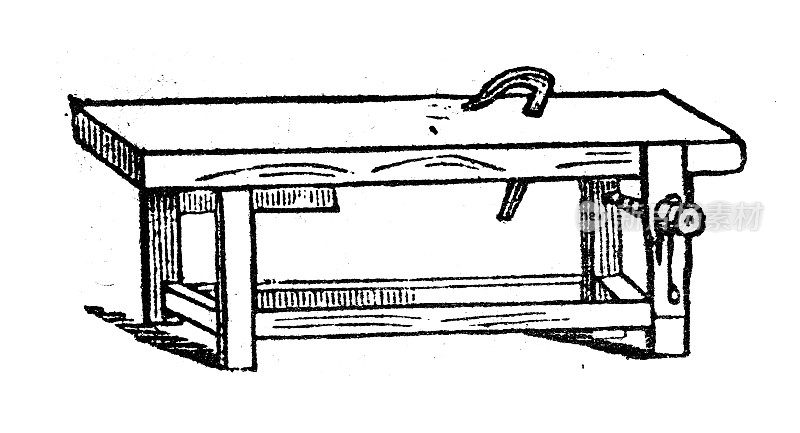 古玩雕刻插画:工作台、木工凳